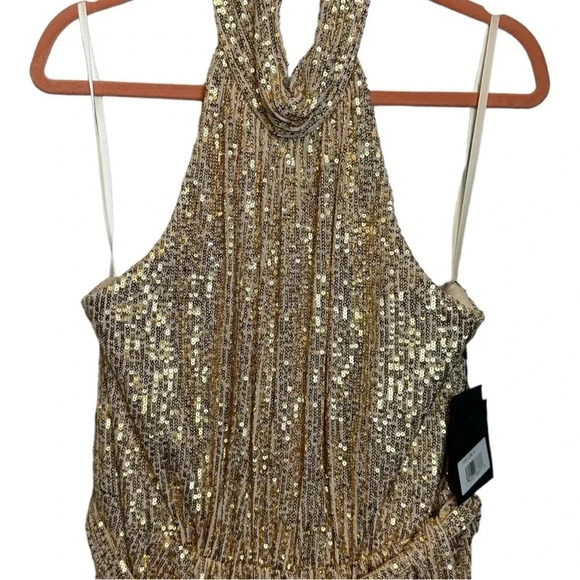 Mac Duggal SEQUINED HALTER NECK BELTED SOFT TIE Gown SIZE 14 - Picture 5 of 15